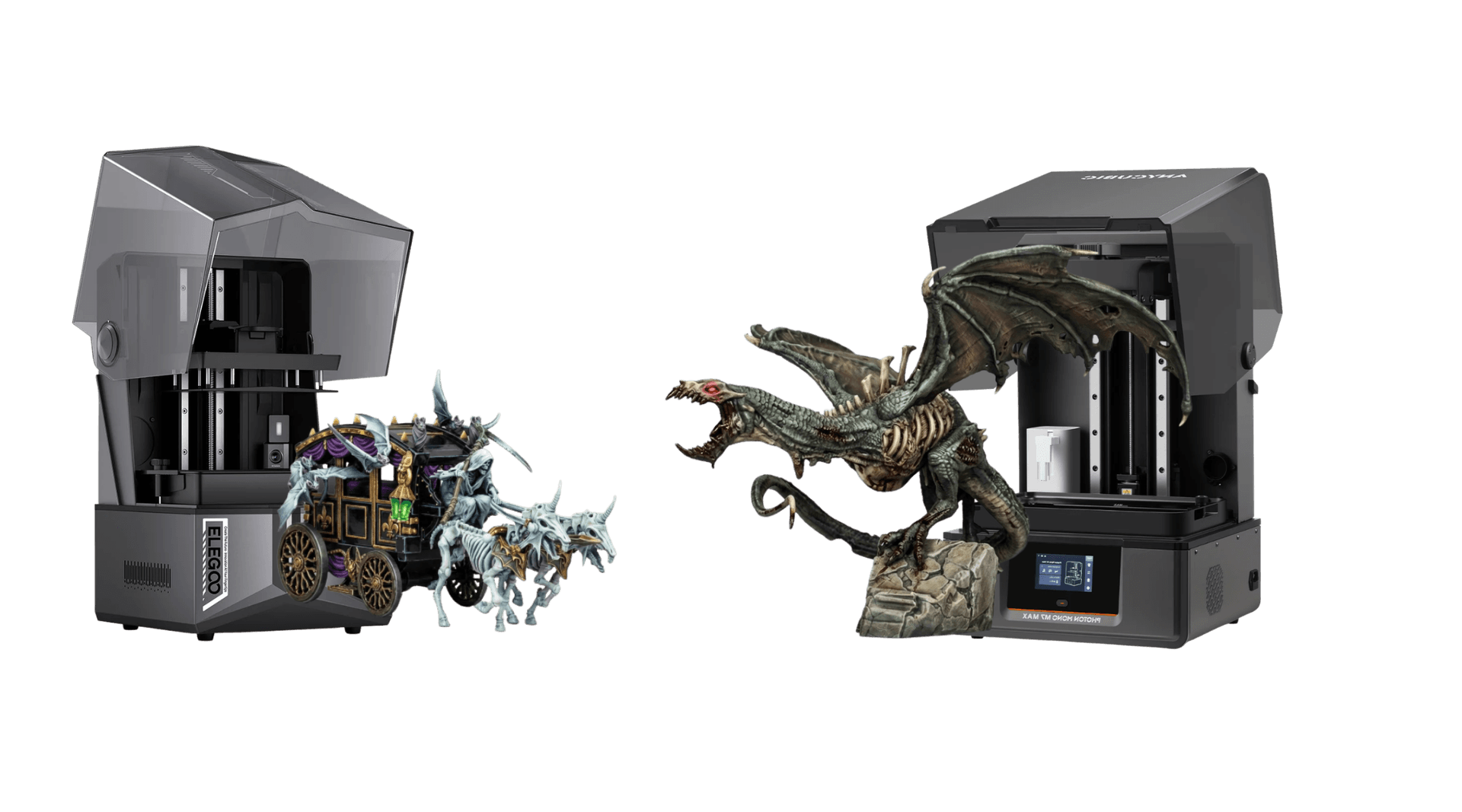 Two resin 3D printers with high-detail miniatures