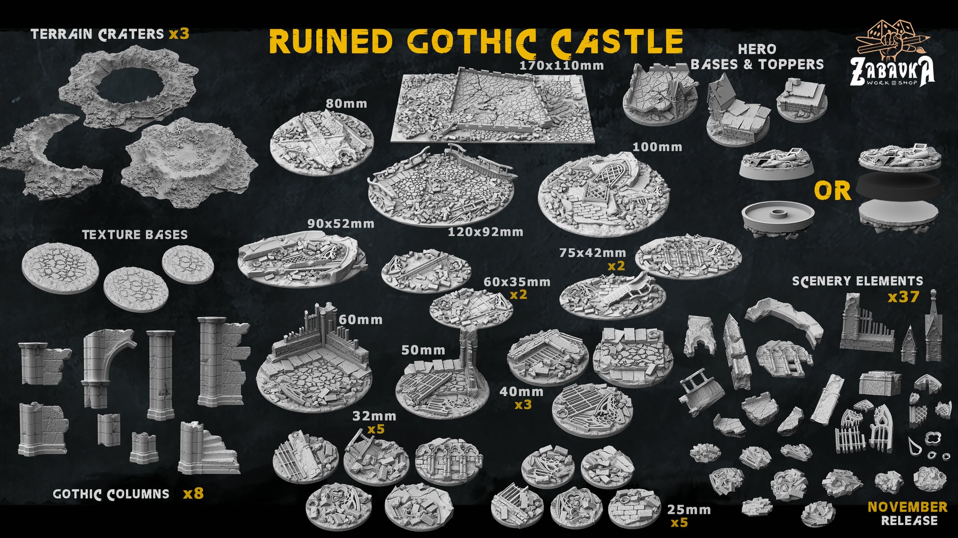 Ruined Gothic Castle Texture Bases - Unpainted Resin
